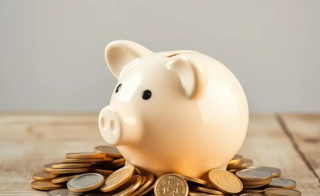 A simple piggy bank with coins around it representing an emergency fund