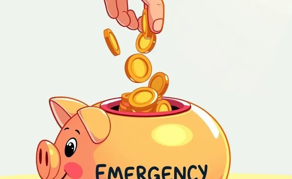 Hand placing coins in a piggy bank labeled 'Emergency Fund.'