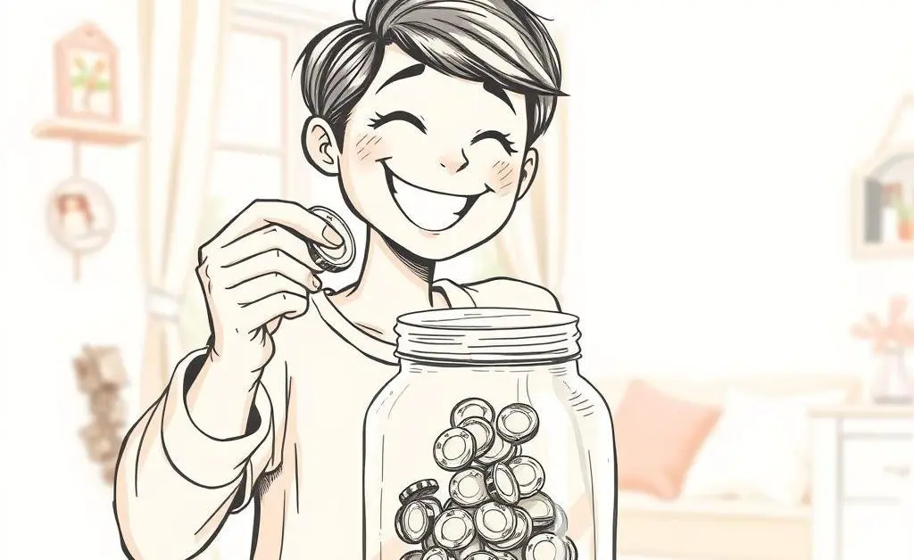 A hand-drawn image of a person joyfully saving money into an emergency fund jar.
