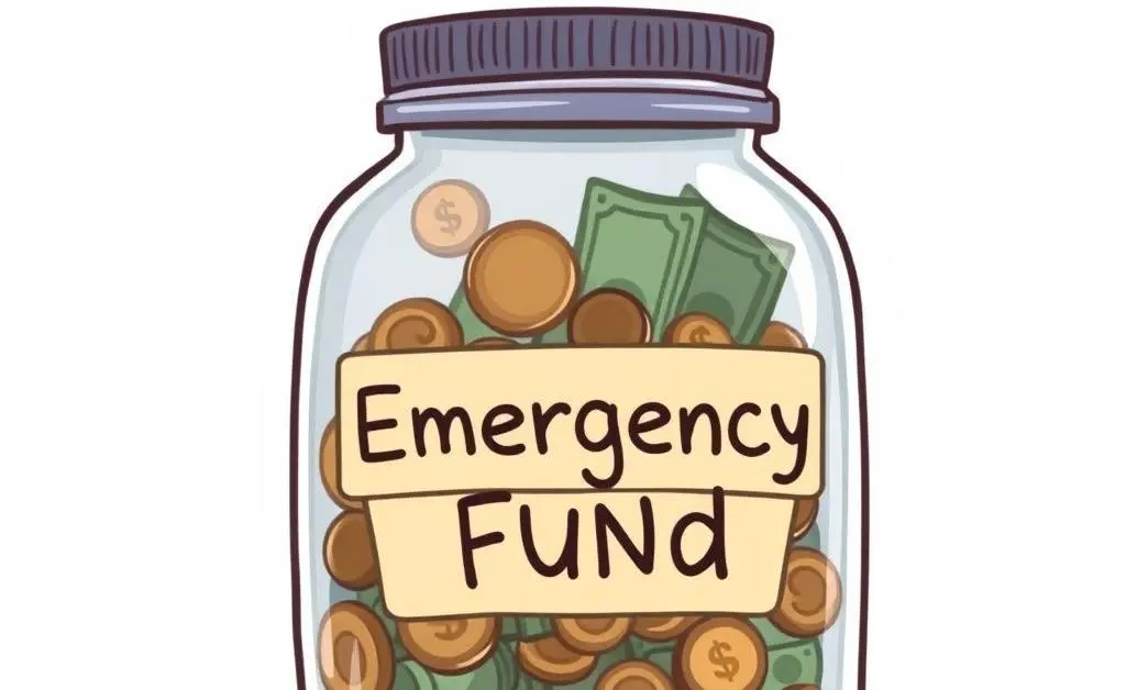 A jar labeled 'Emergency Fund' filled with coins and bills