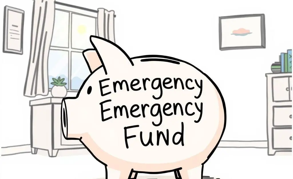 Piggy bank labeled 'Emergency Fund' in a sunny room.