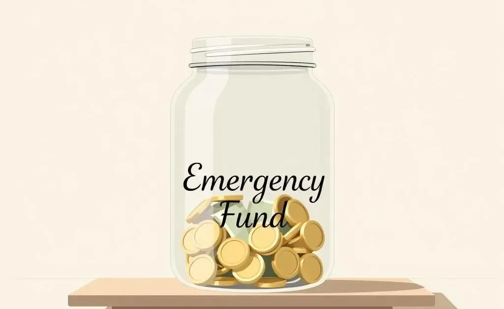 A jar labeled 'Emergency Fund' filled with money.