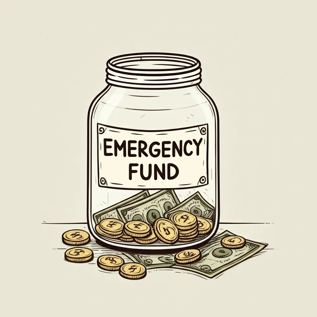 Emergency fund jar with coins and bills spilling over