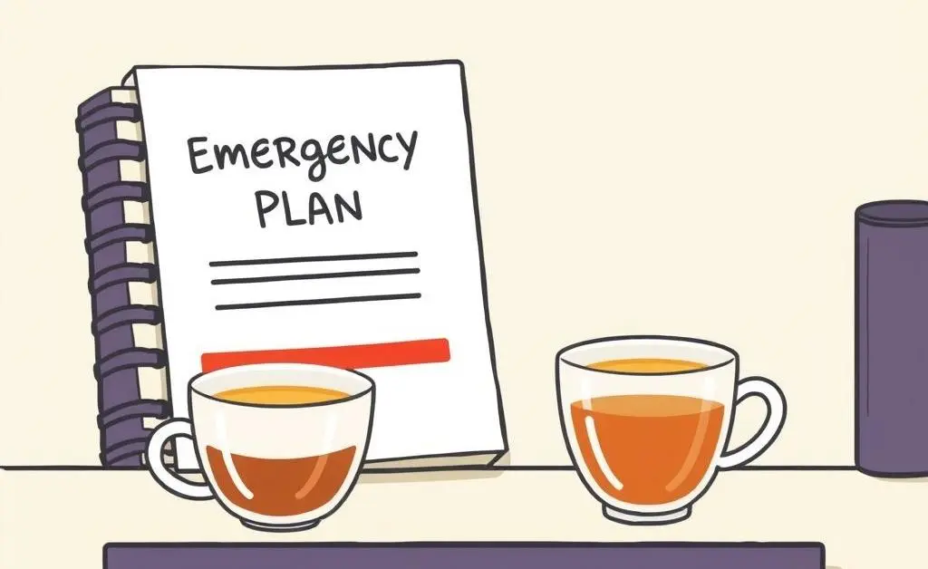 A desk with an emergency plan and calming tea.