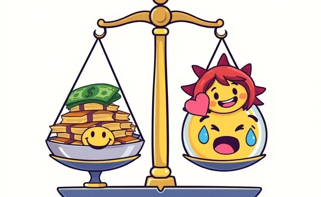 Balance scale with money and emotions.