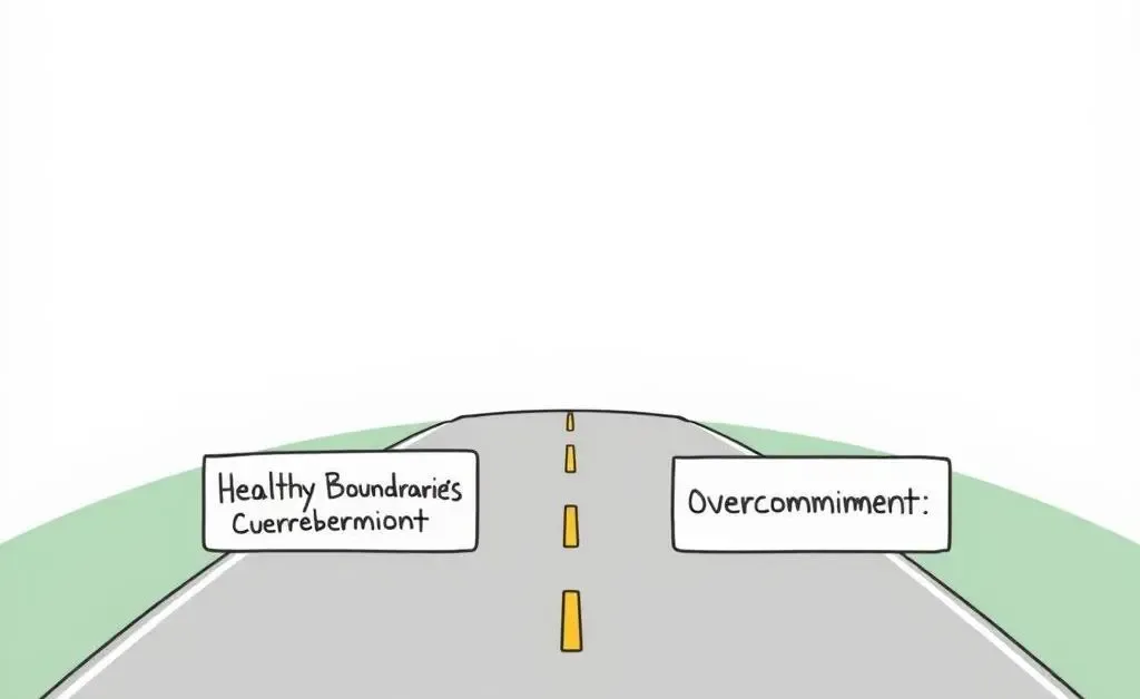A minimalist cartoon of a road with diverging paths labeled 'Healthy Boundaries' vs. 'Overcommitment'.