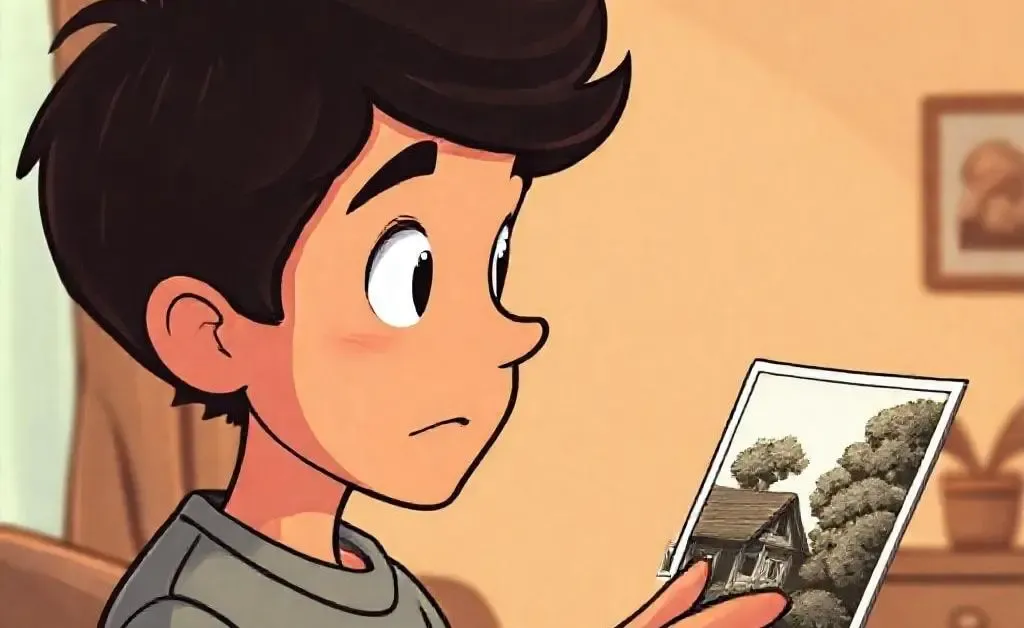 A cartoon of a person looking wistfully at an old photograph of a house