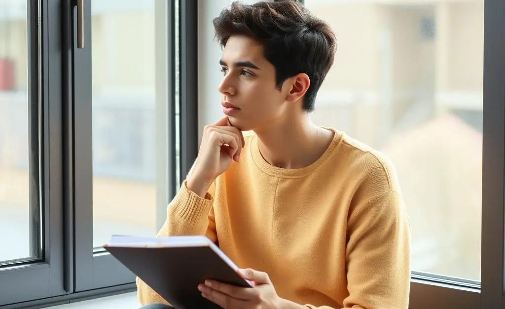 Person sitting thoughtfully by a window with a notebook, thinking about financial decisions.