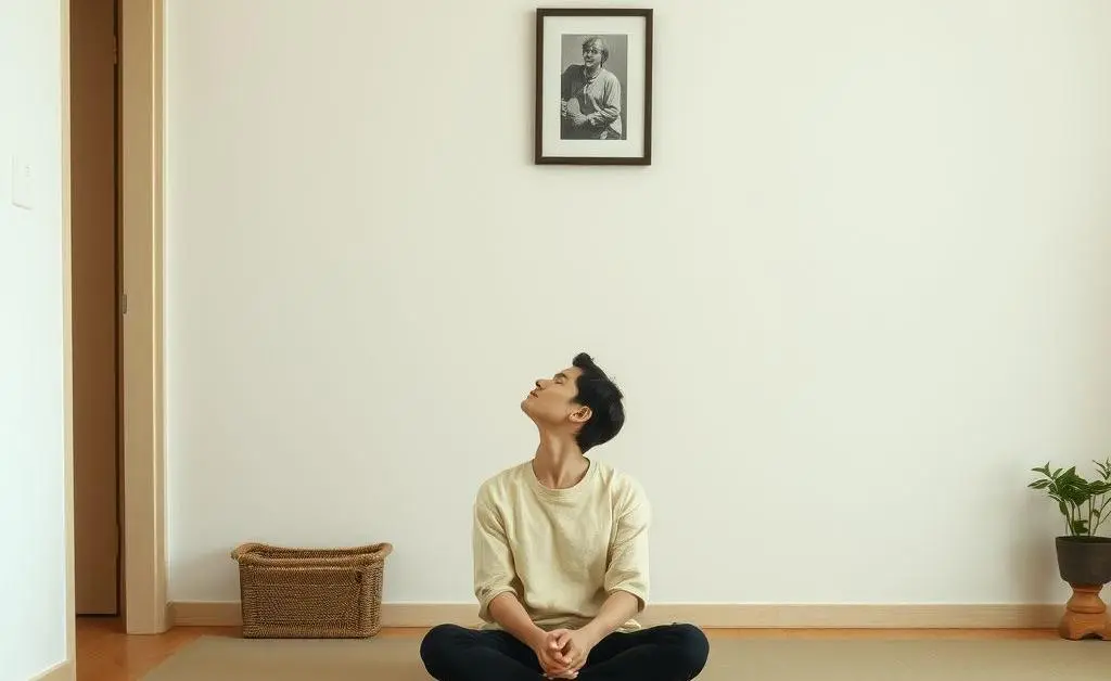 A person sitting peacefully in a tidy space, lost in thought