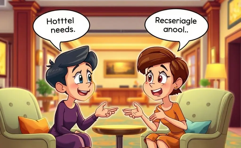 A cartoon depiction of two people discussing hotel features, showcasing emotional connections.