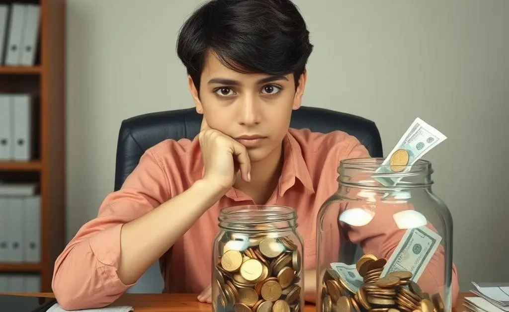 A thoughtful person with savings jar
