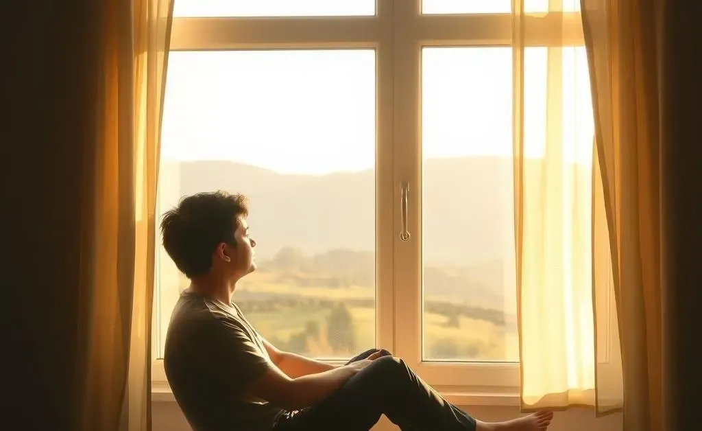 A person contemplating loan decisions by a window