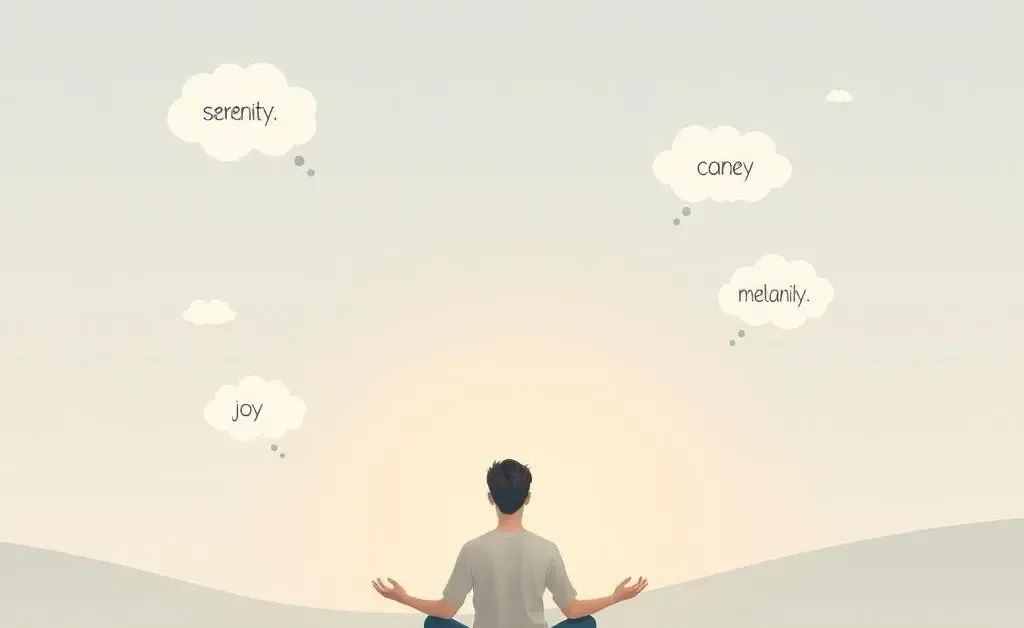 A person meditating with thought bubbles depicting various emotions.