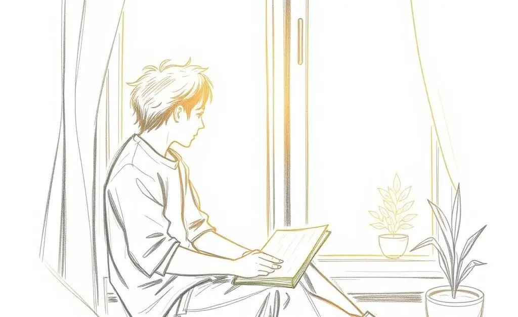A hand-drawn depiction of a person sitting with a journal by a sunny window