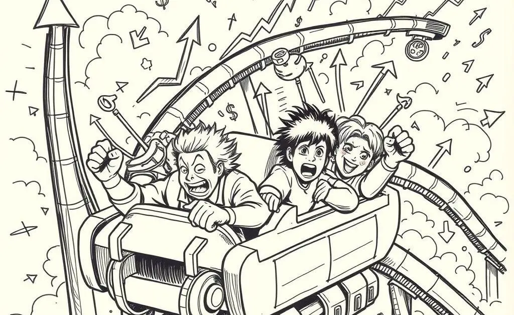 A hand-drawn image of a rollercoaster with stock market symbols and expressions of excitement and anxiety