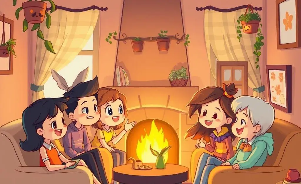 A friendly cartoon illustration of a small group of people chatting warmly in a cozy room.
