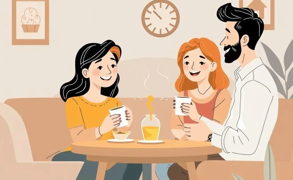 An illustration of friends or family comforting someone over coffee as they discuss home buying decisions.