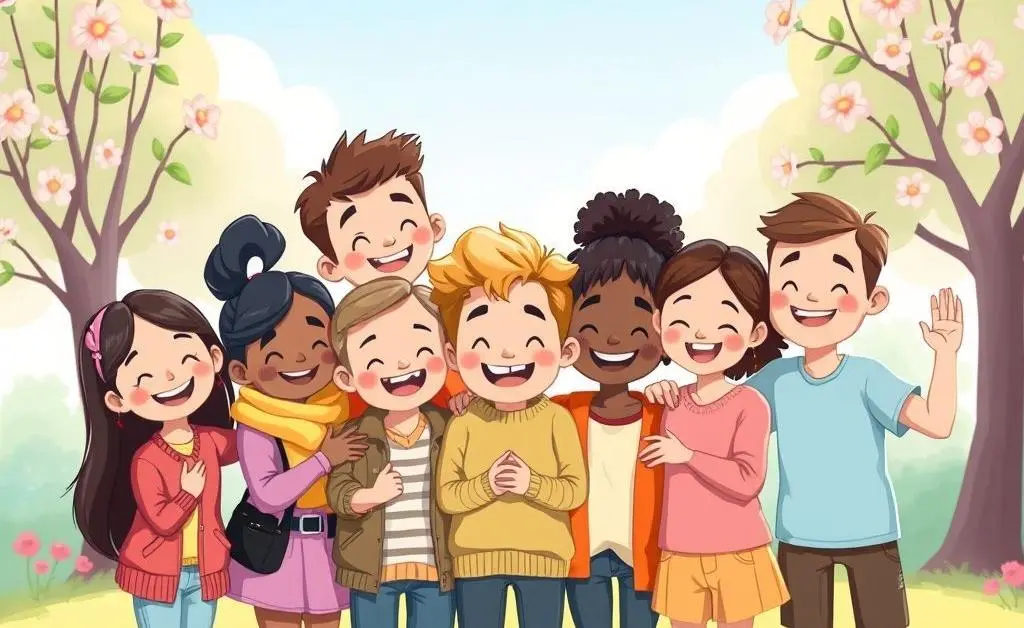 A cartoon group of friends supporting each other, with a comforting and positive vibe.