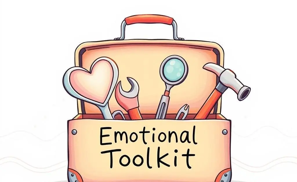 An illustrated toolkit labeled 'Emotional Toolkit' with tools symbolizing empathy, self-awareness, and communication.