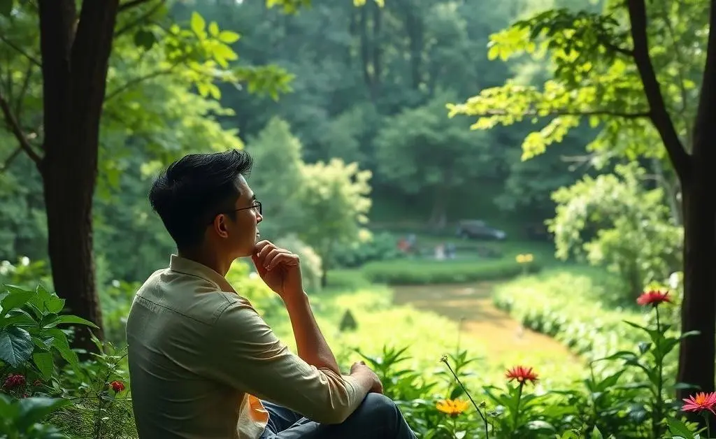 A calm person surrounded by nature, contemplating investment decisions.