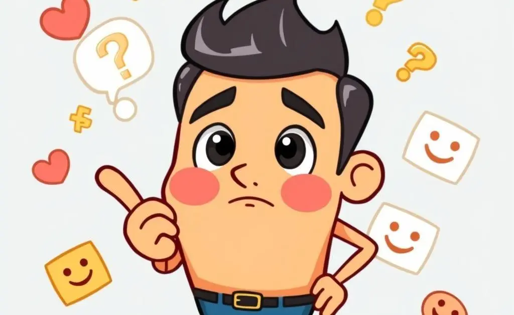 Cartoon-style character thoughtfully making stock decisions with emotion icons around