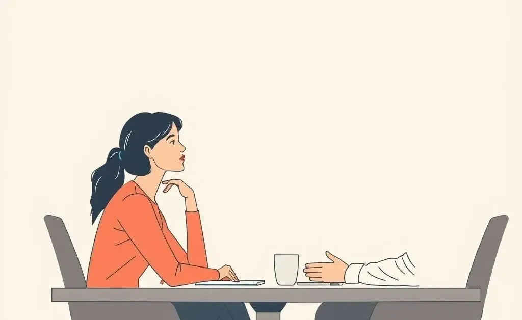 A person patiently listening to a coworker during a meeting.