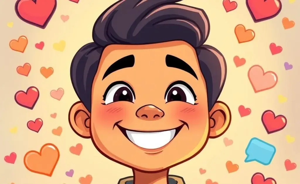A smiling person surrounded by icons of kindness and connection