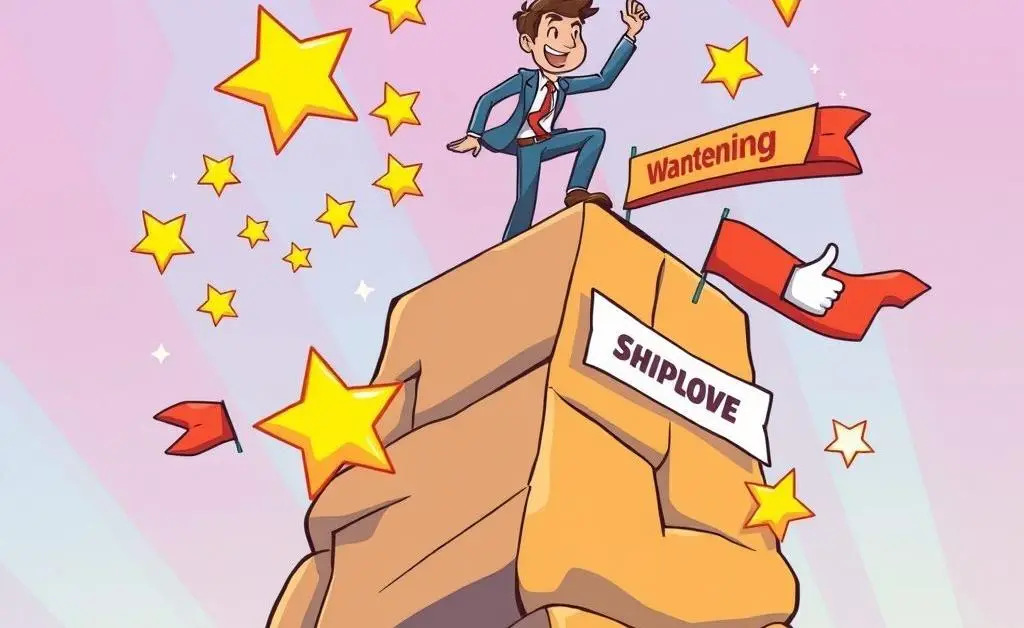 Cartoon of an employee climbing a wall with motivation symbols like stars and thumbs-up