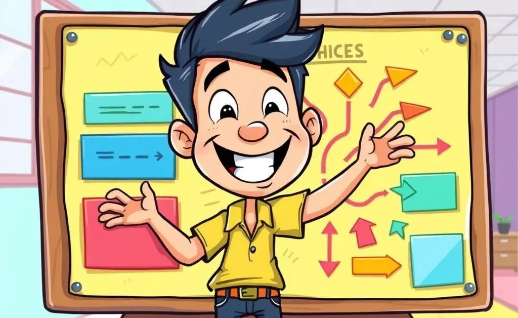 Cartoon-style image of a person happily marking decisions on a flowchart board.