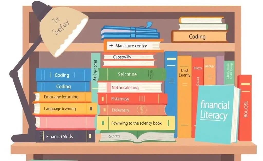 Illustration of a desk full of books on different skills