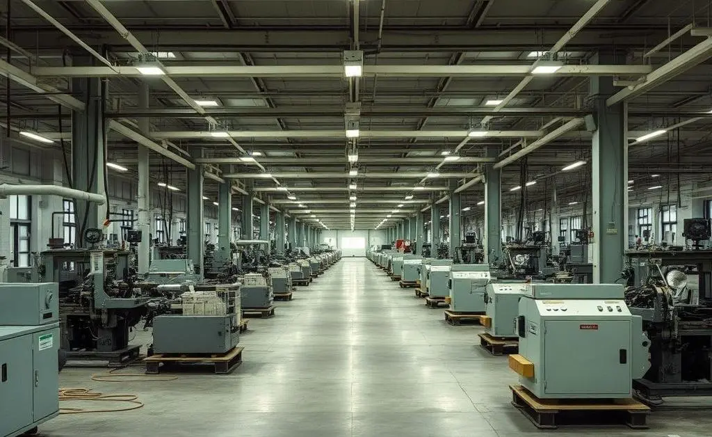 An empty factory floor with inactive machinery, emblematic of economic downturns.
