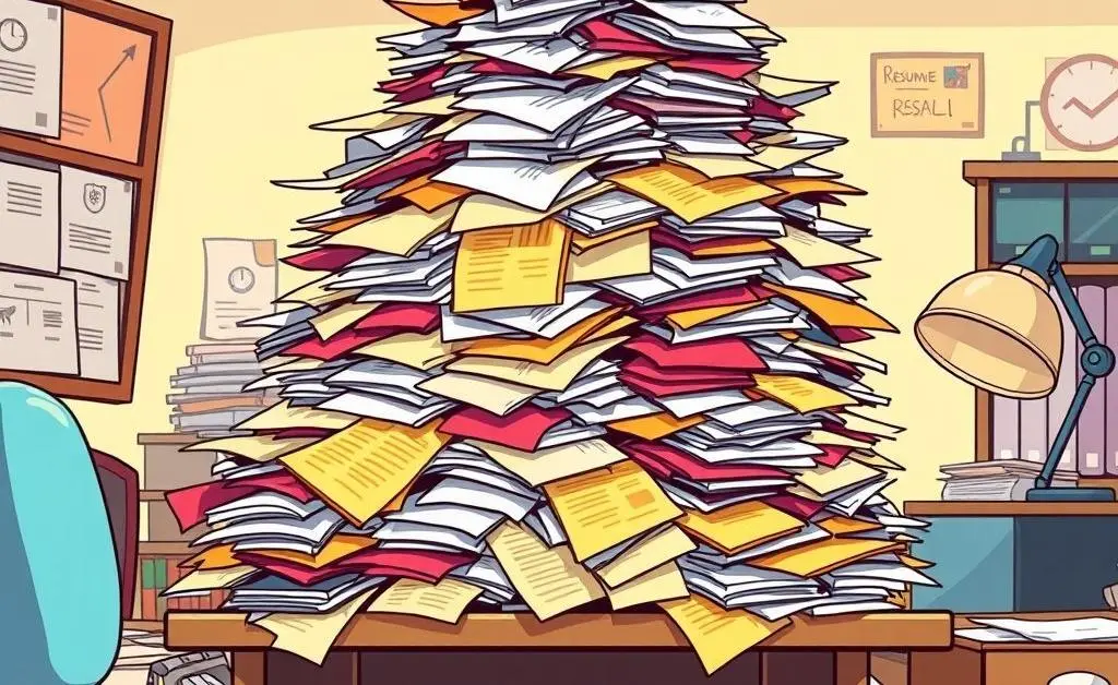 Stack of resume papers overflowing from a desk in a cartoon style