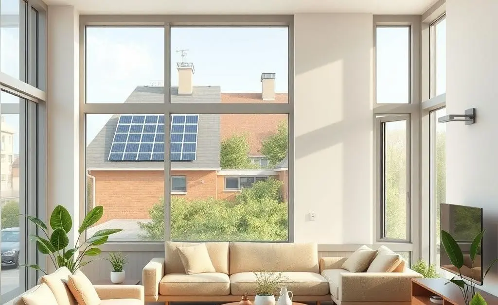 An illustration of an energy-efficient apartment with central hot water and eco-friendly features.