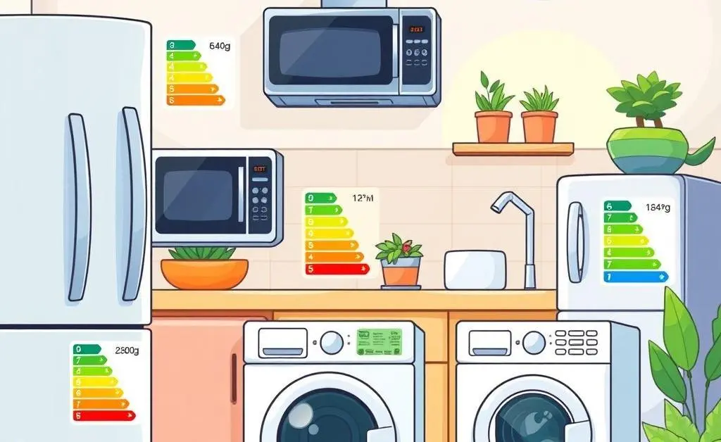 Cartoon-style drawing of different energy-efficient appliances with energy rating labels