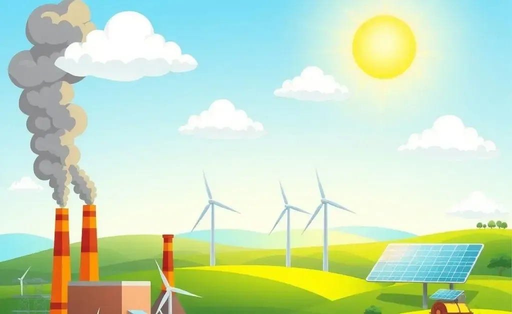 A cartoon-style image depicting the transition from fossil fuels to renewable energy sources like wind and solar.