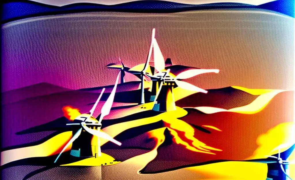 Energy market overview with wind turbines and power plants.