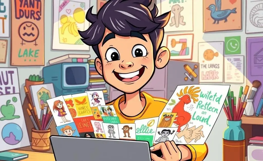 Cartoon of a creative enthusiast sharing their portfolio on a laptop.