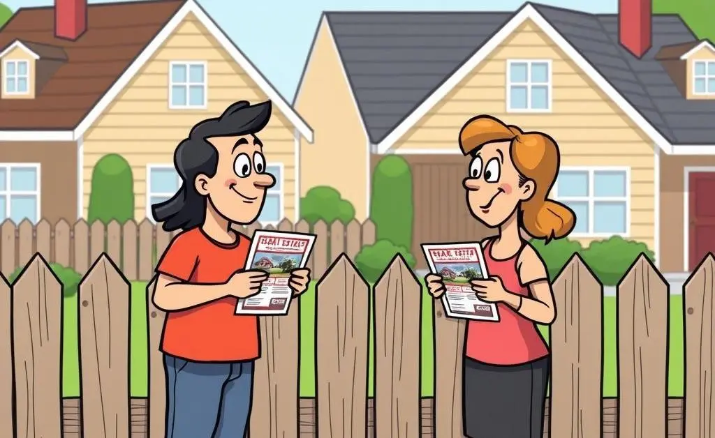 Two neighbors talking over a fence, one holding a real estate flyer, cartoon-style