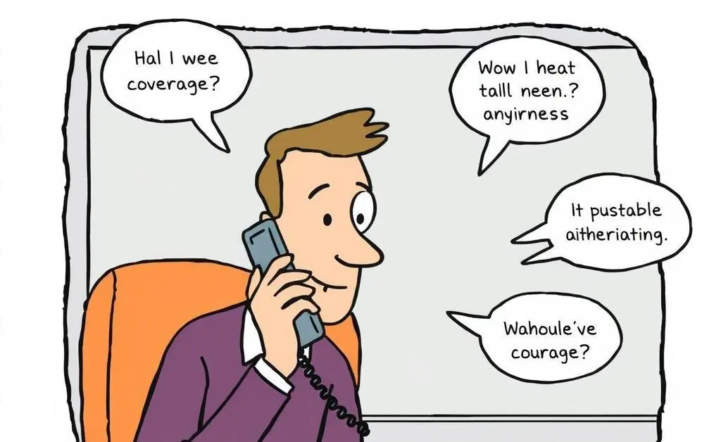 Cartoon of a person talking on the phone with an insurance agent, with thought bubbles illustrating questions about coverage.