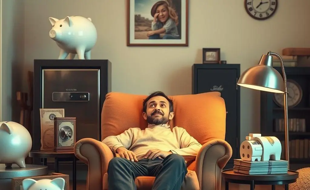 A relaxed person sitting surrounded by symbols of financial stability