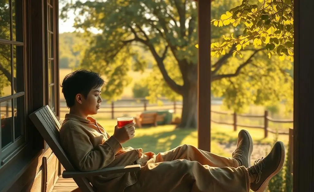 A person sitting on a porch, sipping tea, enjoying a relaxed moment of simplicity.