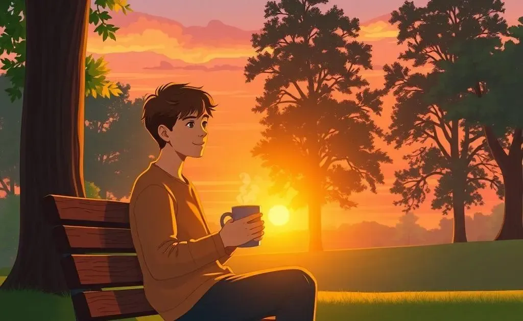 Person enjoying a sunset from a park bench with a coffee cup.