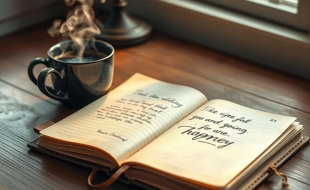 An open journal on a desk with an inspirational quote