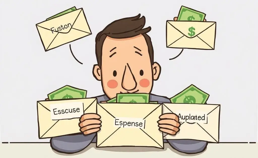 A cartoon showing a person categorizing cash into labeled envelopes representing different expenses.