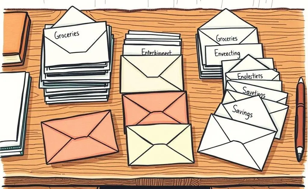 Hand-drawn style depiction of the envelope budgeting method on a wooden desk