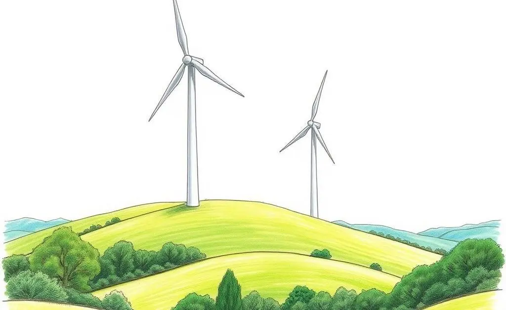 Cartoon showing a contrast between wind turbines and a natural landscape