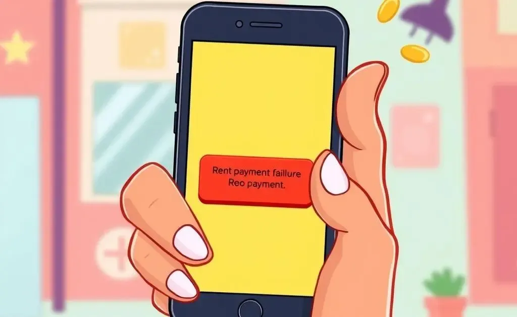 Hand holding a smartphone with a rent payment error notification.