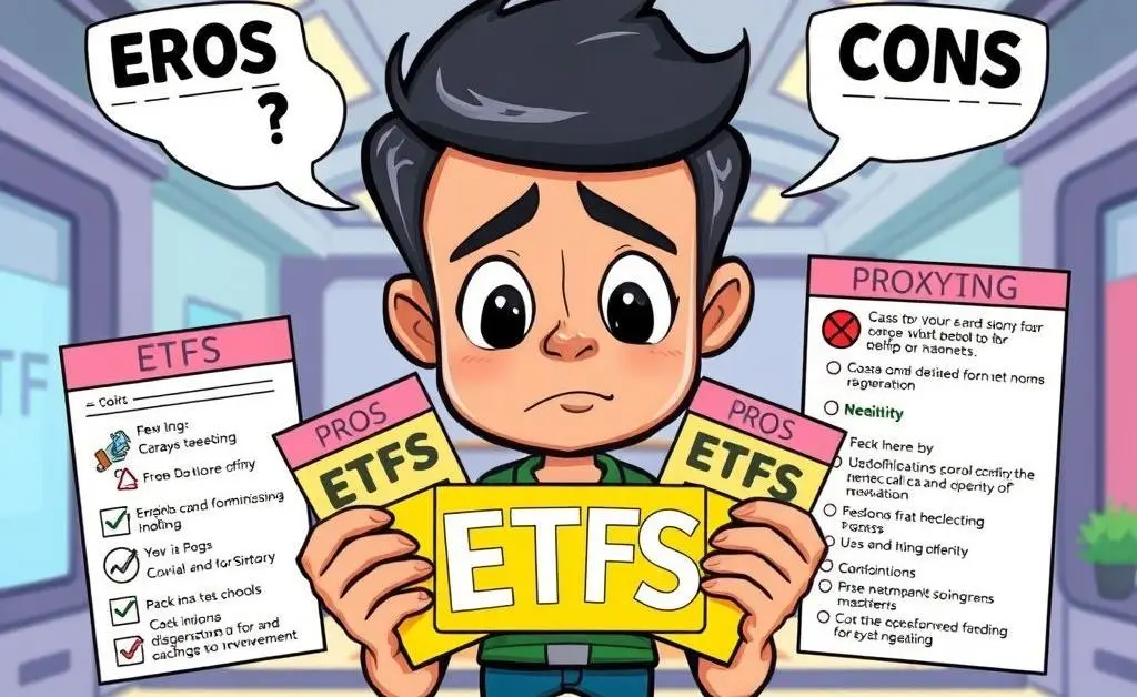 A person deciding between ETFs with pros and cons