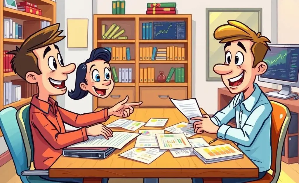 A cartoon-style image of two people having a conversation at a table with ETF documents spread out