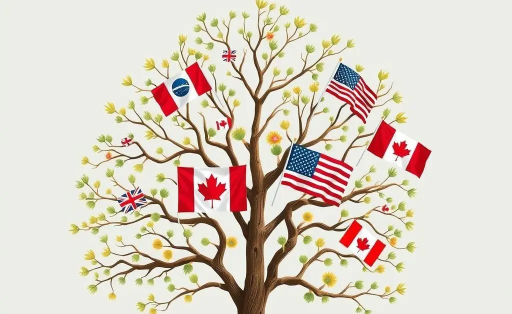 A creative depiction of a diverse portfolio, symbolized by a tree with Canadian and American flags on different branches.